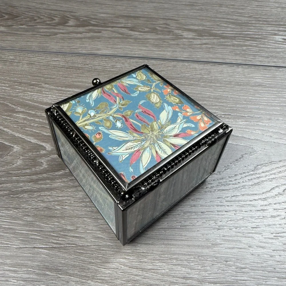 Pottery Barn Patterned Decal Glass Box Bird Floral Blue New
